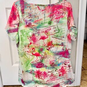 Coral Bay Woman Tee Shirt Size 1X Colorful Tropical Flamingo Rhinestone Shirt